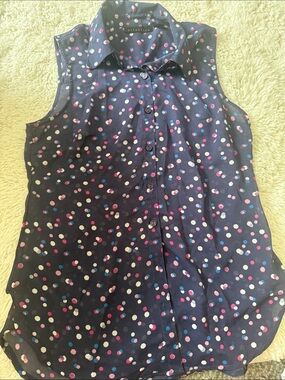 attention Navy Sleeveless Button-Front Polka Dot Tank
